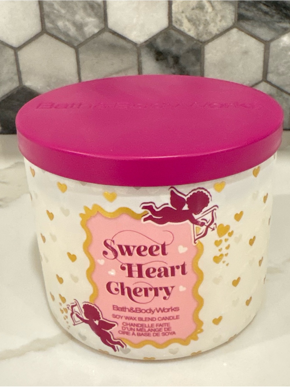 Bath & Body Works Sweet Heart Cherry Candle - Hot Pink & Gold Accents